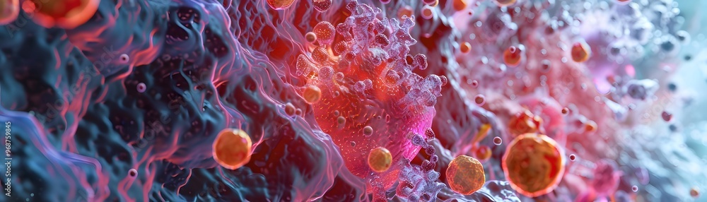 Poster abstract digital art depicting vibrant particles and fluid dynamics, showcasing colors and forms in 