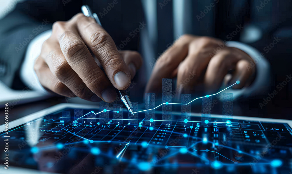 Poster cost reduction businessman analyzing quality control graphs on tablet - effective project management