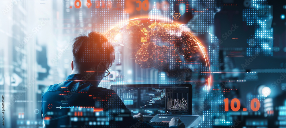 Poster business intelligence data scientist analyzing big data through ai digital technology, cloud computi