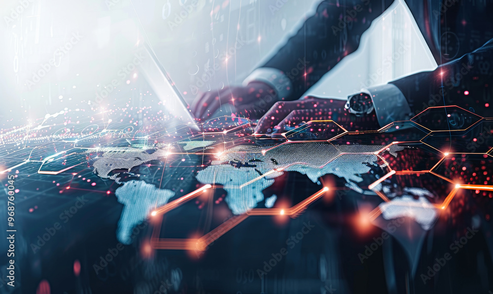Poster female professional analyzing financial data with ai for global business intelligence - tech-driven 