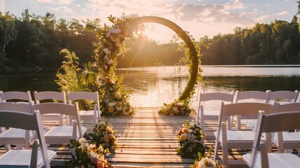 Beautiful lakeside wedding setup with floral arch at sunset.