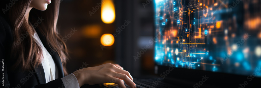 Poster business data visualization - analytics professional analyzing hi-tech financial dashboard graphs on