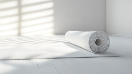 White Yoga Mat Rolled on White Wooden Floor