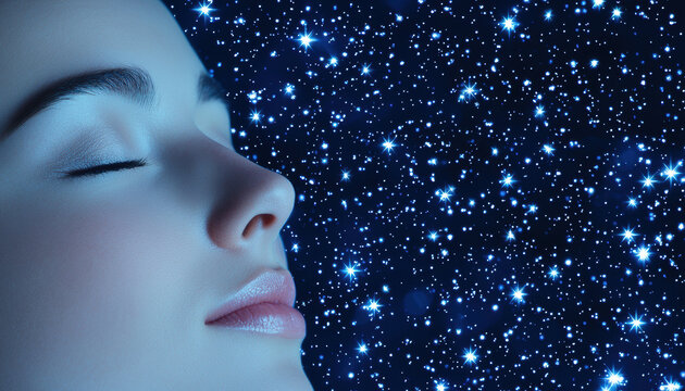 A serene woman blissfully dreaming under a starry night sky, evoking a sense of tranquility and cosmic wonder.