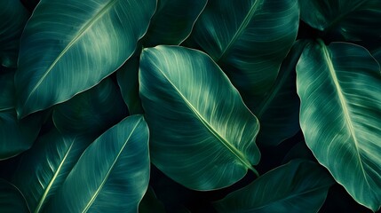 Obraz premium Close-up of large leaves, abstract texture of green leaves on a dark background, a nature concept banner for desktop wallpaper.