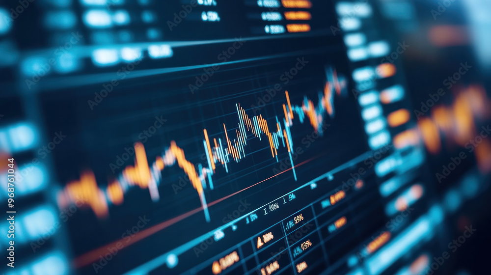 Poster a stock market graph with a lot of numbers and lines. the numbers are in different colors and the li