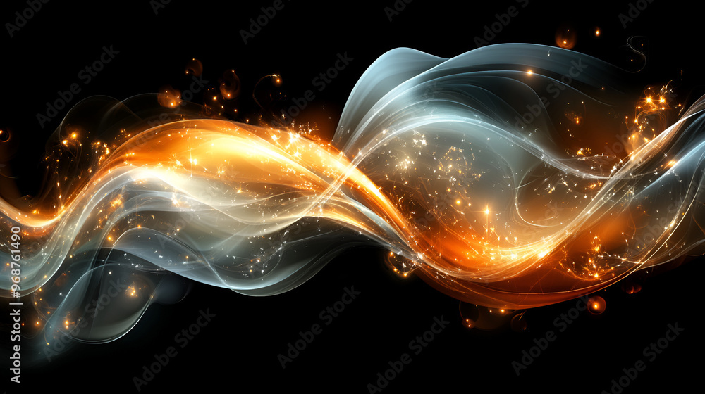 Poster colorful abstract swirl with golden and silver tones creating a mesmerizing effect on a dark backgro