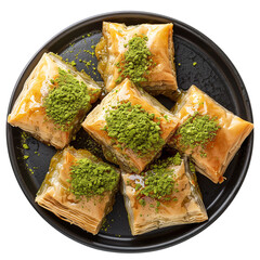 Turkish Delight: Golden Baklava Treats with Pistachio Isolated on Transparent Background. PNG Format

