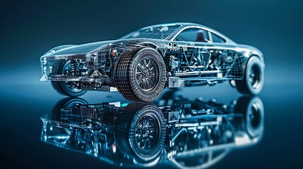 Naklejka premium Futuristic Electric Car Wireframe Design with Detailed Internal Components and Advanced Automotive Technology