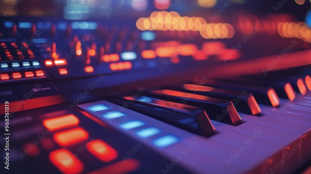 Aufkleber Close-up of a Synthesizer Keyboard with Red and Blue Lights