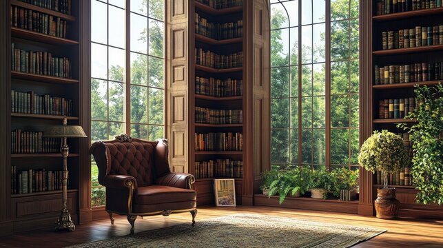 Fototapeta A classic library room with a luxurious armchair, richly adorned wooden bookshelves, and wide windows with garden views.