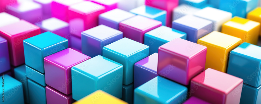 Poster a colorful array of blocks in various shades of blue, pink, and yellow. the blocks are arranged in a