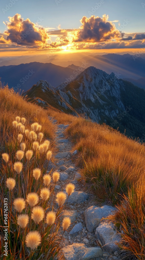 Poster a mountain range with a path leading to the top. the sun is setting and the sky is filled with cloud