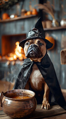 Bulldog in a witch costume standing next to a bubbling cauldron