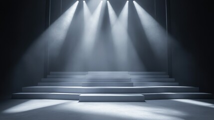 Obraz premium A dramatic white stage with intense spotlight and glowing steps, creating a powerful theatrical ambiance
