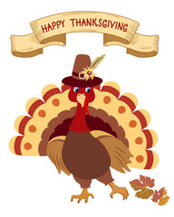 Thanksgiving day card with funny turkey in pilgrim hat for greeting postcard with inscription on vintage ribbon.
