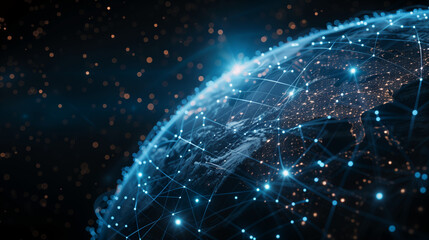 Abstract digital planet Earth representing global connectivity with glowing dots and lines, featuring blue frosted glass and white acrylic materials, emphasizing technological transparency and high 