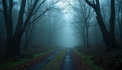 Fototapeta premium Misty, Fog-Covered Pathway Leading Through an Ancient, Haunted Forest