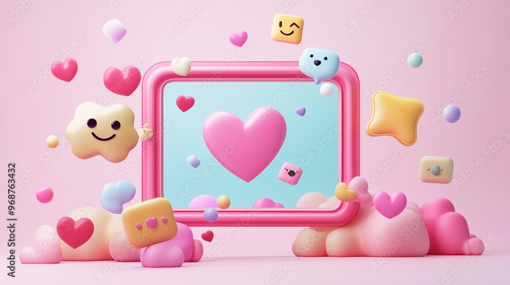 Poster colorful heart-shaped display surrounded by playful clouds and cheerful emojis set against a soft pi
