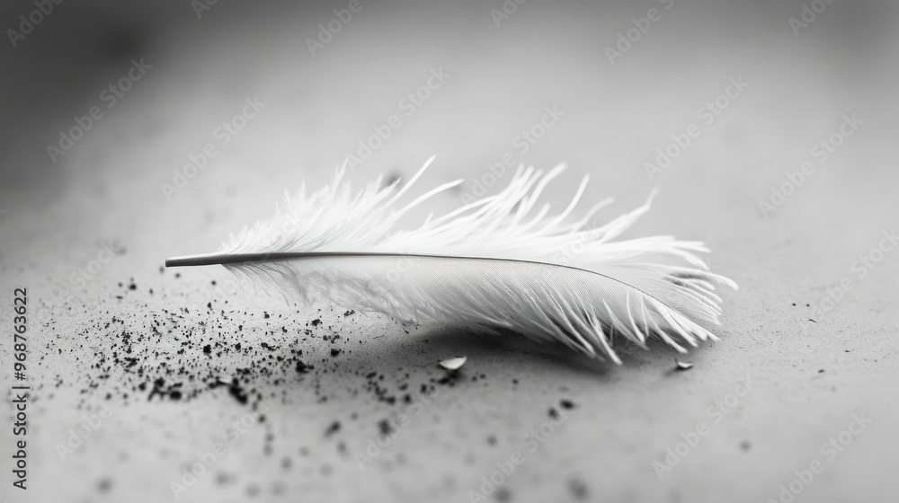 Poster a single white feather resting on a grey surface