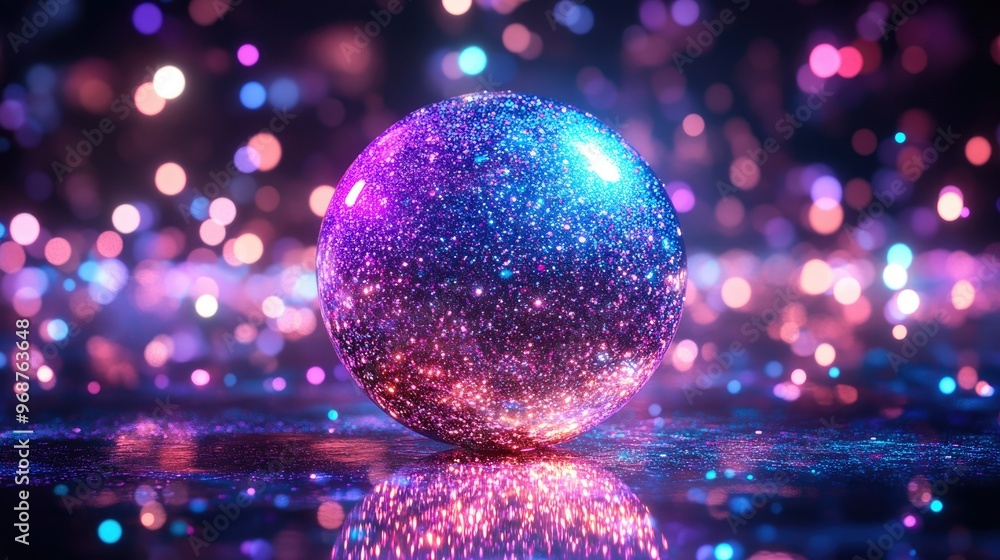 Poster a glowing, colorful sphere with sparkling glitter on a reflective floor, creating a mesmerizing effe