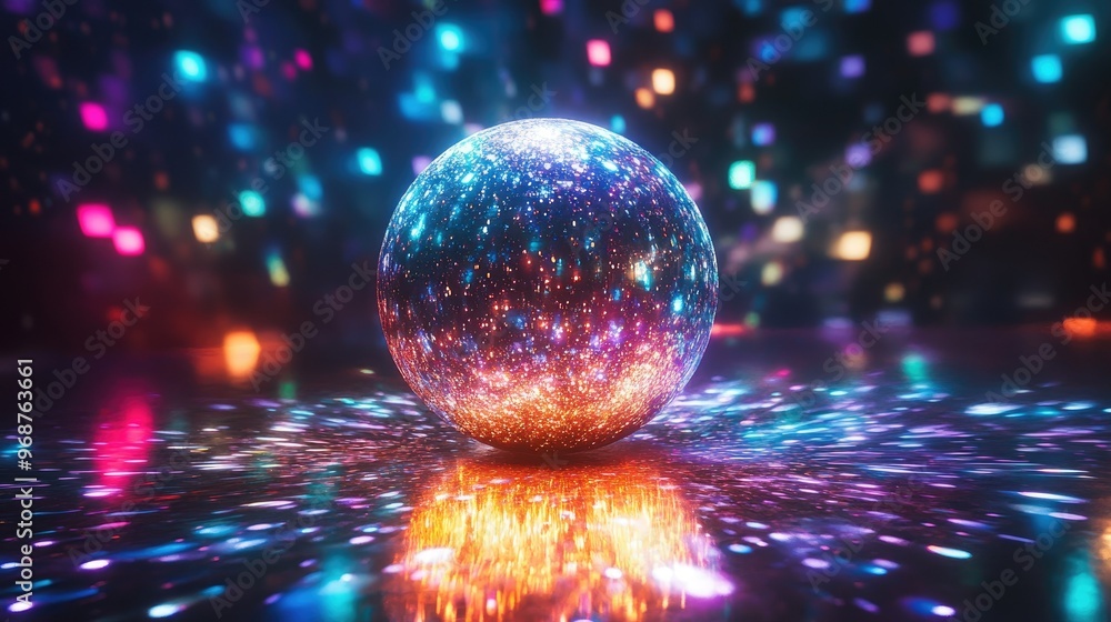 Poster a glowing, colorful sphere with sparkling glitter on a reflective floor, creating a mesmerizing effe