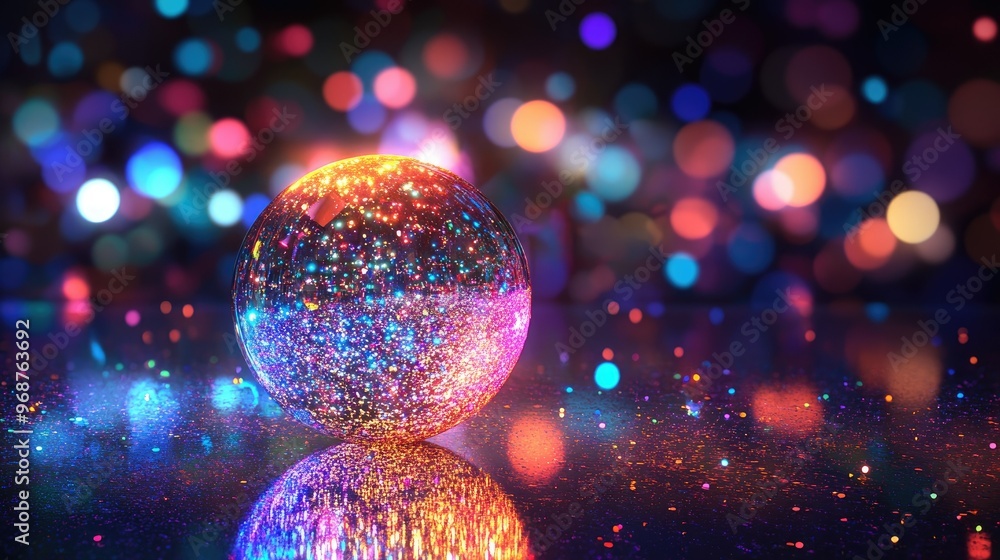 Poster a glowing, colorful sphere with sparkling glitter on a reflective floor, creating a mesmerizing effe