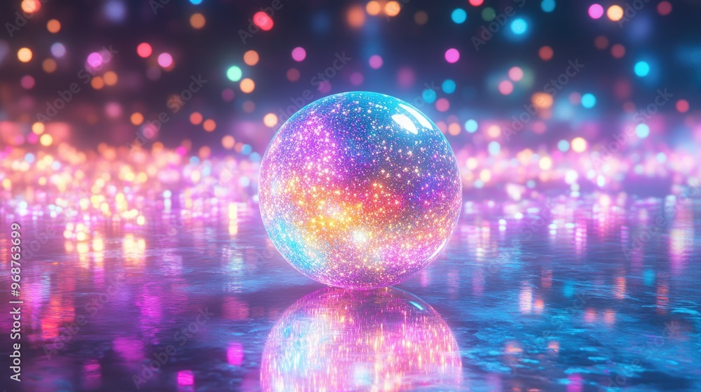 Poster a glowing, colorful sphere with sparkling glitter on a reflective floor, creating a mesmerizing effe
