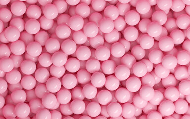 Pink pastel background with many glossy plastic or glass balls. 3d render illustration of abstract rose color bg with sphere pattern. Fun backdrop with bubble, balloon and pearl texture.