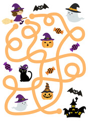 Halloween maze game for kids with cute illustration. Help the witch find the way to her haunted house. Kids labyrinth puzzle.