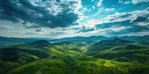 Naklejka premium Majestic Green Mountains Beneath a Beautiful Sky