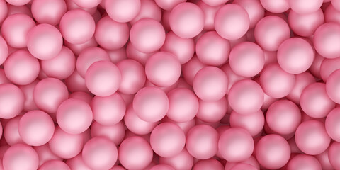 Pink pastel background with many pearl or metallic balls. 3d render illustration of abstract rose color bg with scattered orb pattern. Fun backdrop with sphere bubble and balloon texture.