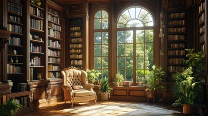 Fototapeta premium A lavish library room with a grand armchair, elegant wooden shelves filled with books, and tall windows opening to greenery outside.