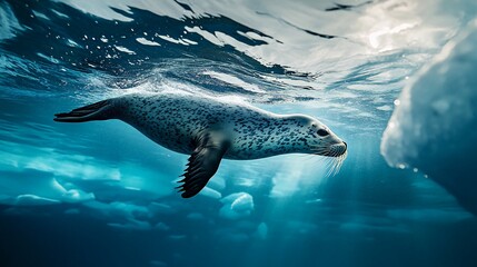 A spotted seal swims through the crystal clear water, with icebergs in the background.