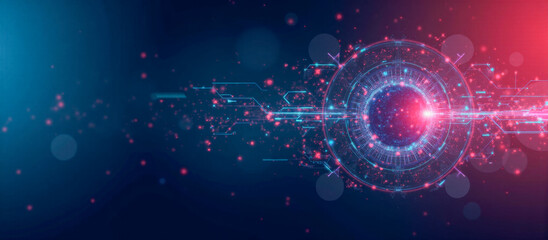 Futuristic digital interface with glowing circle and radiating lines on blue-red gradient background, abstract technology concept for modern communication and data network design
