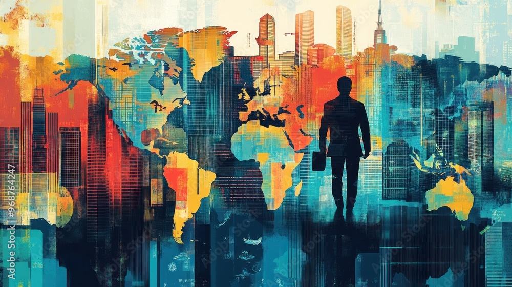 Poster a silhouetted businessman standing before a world map with skyscrapers in the background