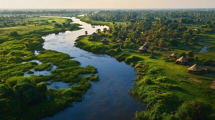 Generative AI Image of Tranquil Winding Flowing River Forest Jungle at Bright Day Wallpaper