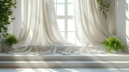 White curtains with soft sunlight streaming through a window with green plants on each side.