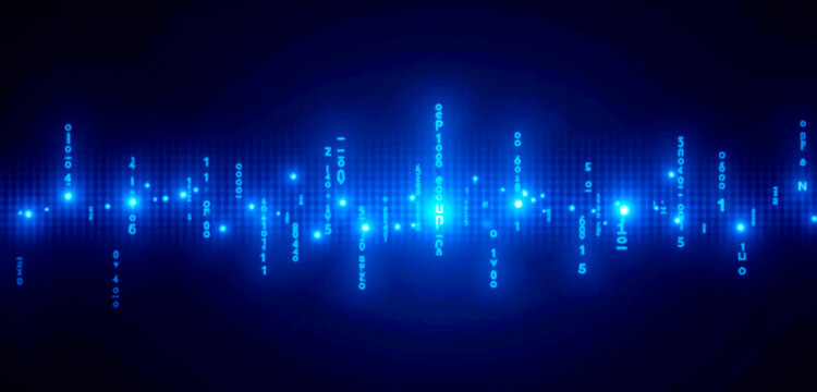 Blue digital binary code streaming on dark backdrop, cyber data technology concept, glowing numbers abstract representation, futuristic computing encryption