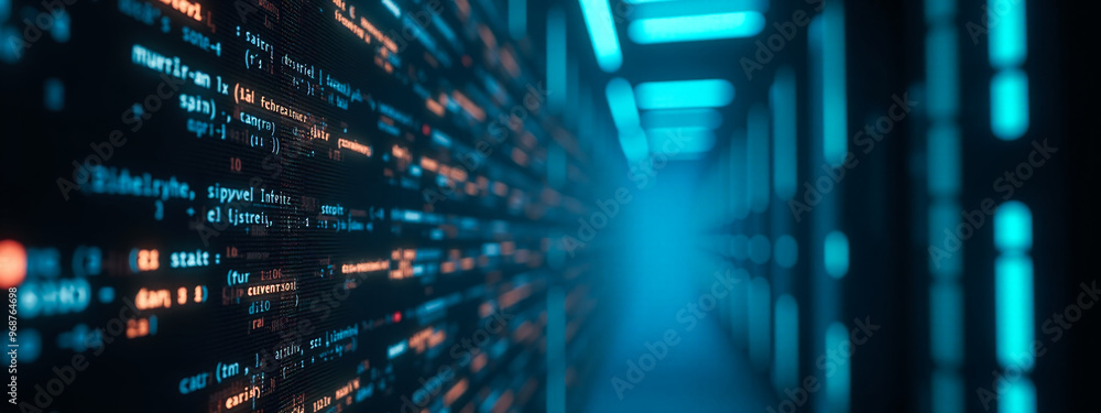 Poster Close-up view of computer screen with coding lines, software development concept, blue light illumination from right side, progressive blur effect towards edge