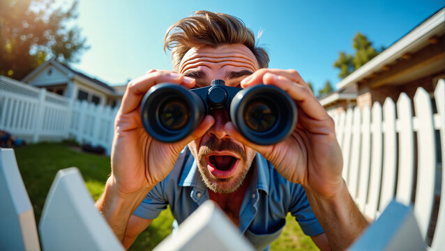 Curious man with binoculars peering over a white fence, expressing surprise.