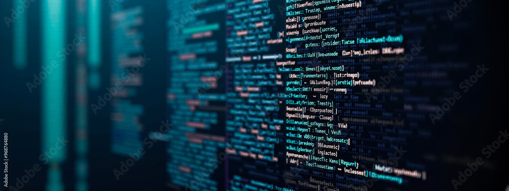 Poster Close-up view of colorful computer code on screen, software development concept, programming languages, technology background, coding process detail, digital information display