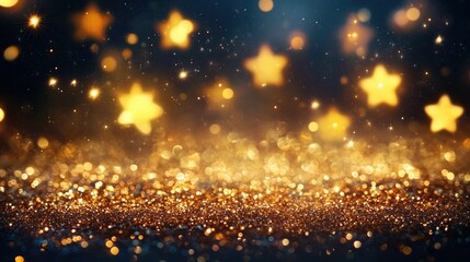 A radiant Christmas holiday backdrop filled with glowing golden glitter, abstract bokeh, and twinkling stars for a festive atmosphere.