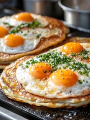 Street Food Vendor Preparing Crispy and Flavorful Mung Bean Pancakes with Copy Space