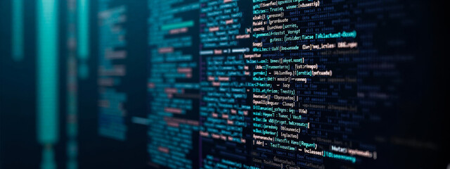 Close-up view of colorful computer code on screen, software development concept, programming languages, technology background, coding process detail, digital information display