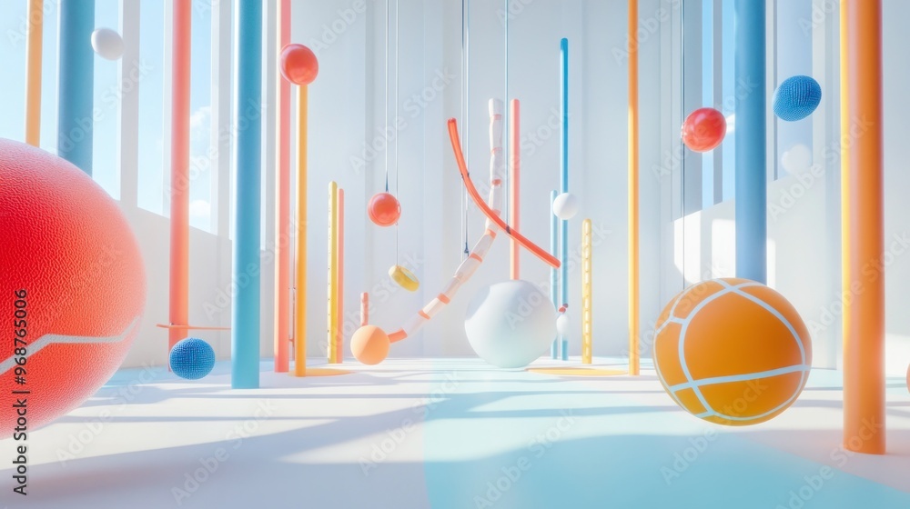Poster abstract 3d render with colorful spheres and cylinders