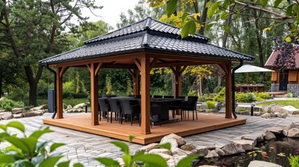 Naklejka premium Gazebos: Elegant, roofed, open-sided shelters crafted from wood or metal, offering a shaded area perfect for social events, gatherings, or quiet relaxation. 