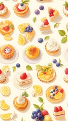 Delectable Watercolor Treats: A Joyful Pattern of Adorned Cakes, Tarts, and Flowers