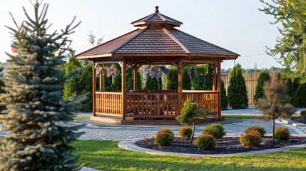 Fototapeta premium Gazebos: Charming, open-sided shelters with roofs, usually wooden or metal, designed to offer shade and a scenic spot for social gatherings or quiet moments. 