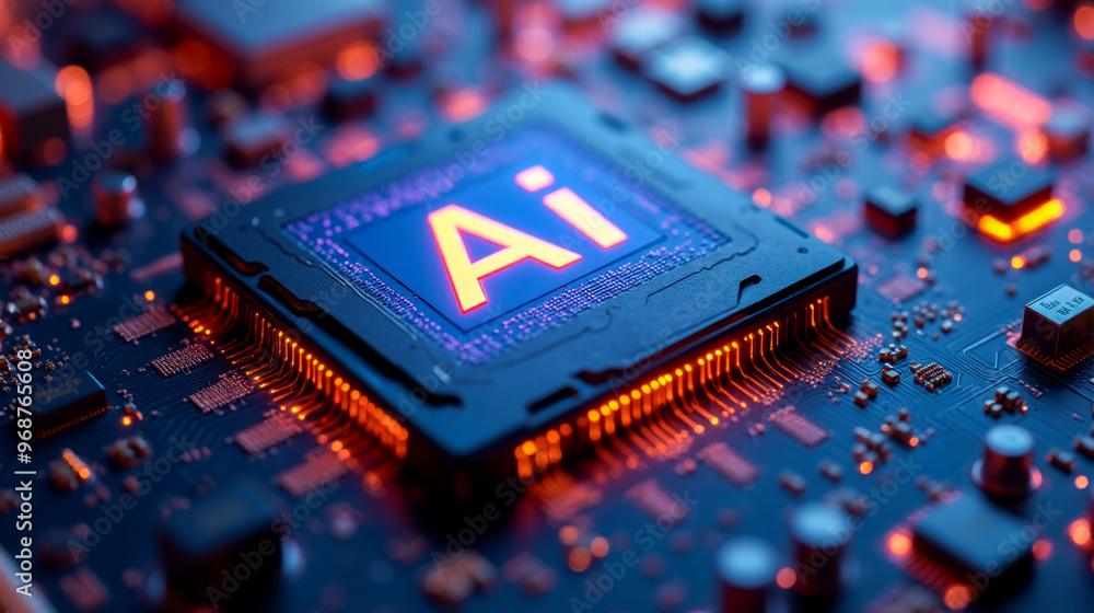 Poster advanced ai processor chip on circuit board for neural network acceleration, high-tech computer hard